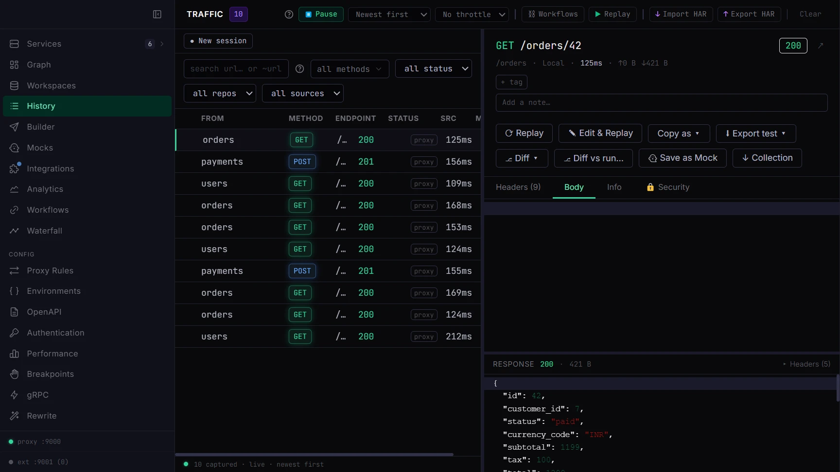 Trailswitch traffic view: a list of captured requests and the detail of GET /orders/42 served by the Local copy.
