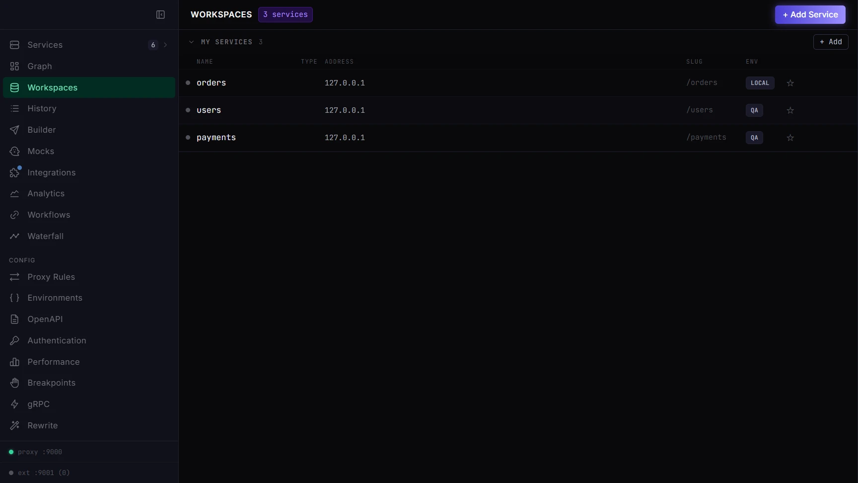 Trailswitch workspaces list: orders routed to LOCAL, users and payments routed to QA, each with its slug.